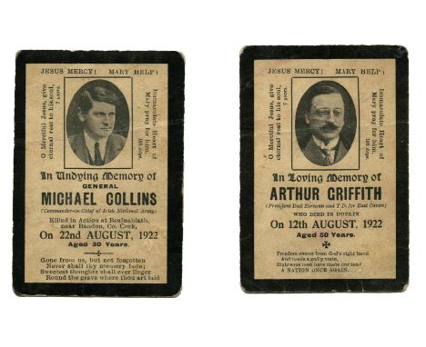 ARTHUR GRIFFITH & MICHAEL COLLINSMemorial cards, 1922 (August 12th and 22nd), sold as a pair,  both of similar design with th