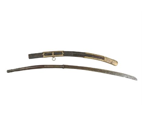 A BURMESE DHA FIGHTING SWORD WITH HEAVY CURVED SINGLE EDGED BLADE, 23 3/4 (60cm) with brass and copper mounted wooden grip an