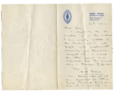 P.H. PEARSEAn important collection of five autograph signed letters to his legal advisers, Gerrard & Co. of Westmoreland St.,