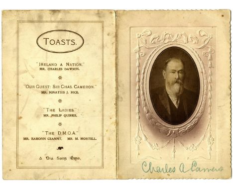 EAMONN CEANNT AND SIR CHARLES CAMERON  A menu card for the Ninth Annual Dinner of the D.M.O.A. (Dublin Municipal Officers Ass