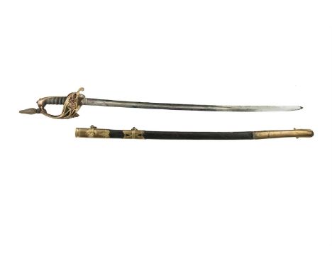 A BRITISH VICTORIAN 1845 PATTERN OFFICERS SWORD,with scabbard with single edged, single fuller blade 31 in (79cm) and gilt br