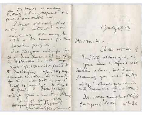 ROGER CASEMENT [1894-1916]Two interesting ALS to ‘Dear Madam’ (a Mrs. Letts), dated 1 July and 2 July 1913, each 4 pp (single