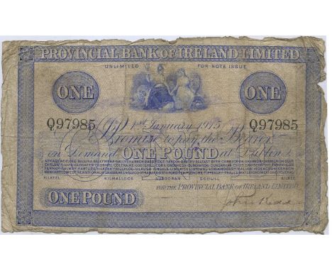 PROVINCIAL BANK OF IRELAND (DATED JAN 1ST 1915)One Pound for the bearerBlue ink print with manuscript signature of John KiddS