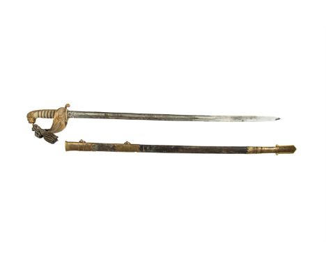 A LATE VICTORIAN ROYAL NAVAL OFFICERS SWORD, with single edged fullered blade, 31 (78cm), by Edward Thurkle London, the gilt 