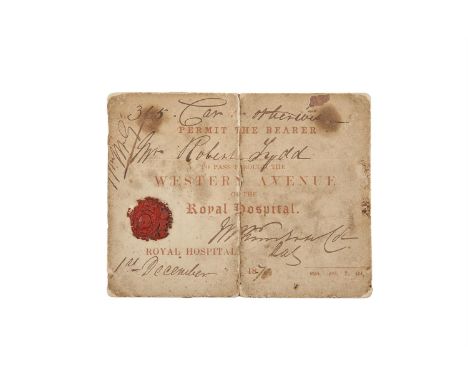 A MID 19TH CENTURY PERMIT TO PASS THROUGH THE GROUNDS OF THE ROYAL HOSPITAL KILMAINHAM. Printed red text on buff card, with m