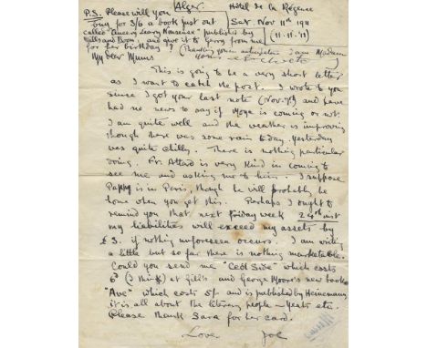JOSEPH MARY PLUNKETT [1887-1916]A very good collection of four autograph letters (three signed) to ‘My dear Mums’ [Countess P
