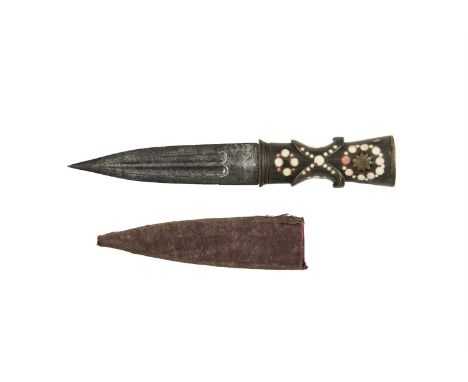 A KINDIAL DAGGER, with double fuller double edged spear point blade 6 (15cm), on an ivory inlaid horn hierwith brass medallio