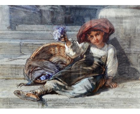 Guido Bach (German, 1828-1905), Portrait of a girl selling flowers, signed 'Guido Bach' (lower right), watercolour, 32.5cm x 