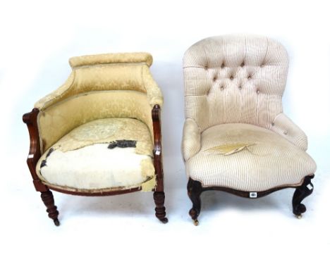 A Victorian button down upholstered nursing chair, on cabriole legs and castors, an Edwardian upholstered tub back armchair a