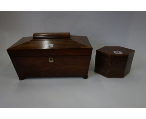 A George III mahogany hexagonal tea caddy, boxwood, ebony and chequer strung and banded, 17cm wide and a late Regency rosewoo