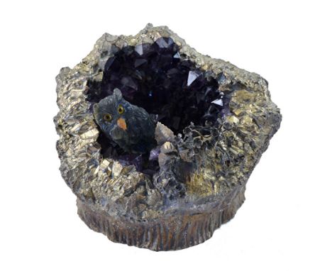 A contemporary amethyst geode and labradorite sculpture, the carved figure of an owl perched beside flowering branches, 11,5c