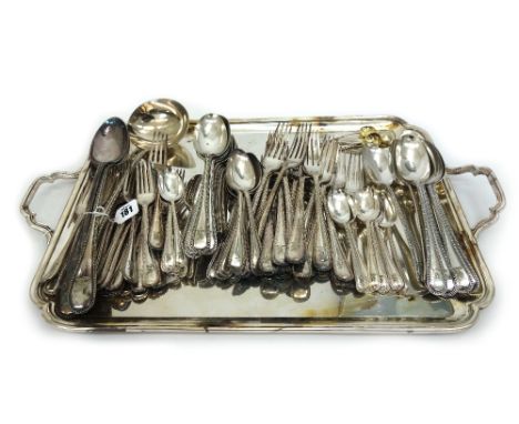 A Victorian electroplate Old English bead edge pattern canteen to include eleven table spoons, sixteen dessert spoons, eighte