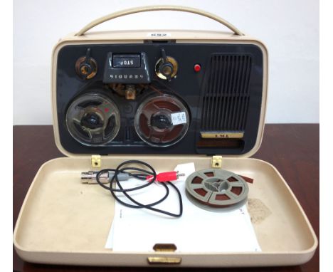 A G Marconi model P17B portable valve radio and two others all in black and chrome plastic cases, a Philips reel to reel tape