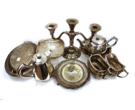 A George III style electroplate shaped circular salver, foliate engraved and nine other items of electroplate including a Reg