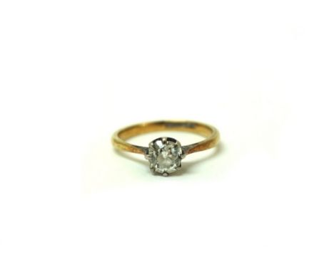 A single-stone cushion shaped old-cut diamond ring, approximately 0.40cts, detailed 18ct and Plat, size L, 21g gross.