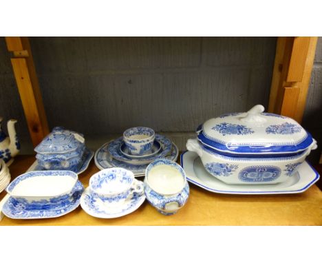 A collection of Spode blue transfer printed wares, early 19th-20th century, including a sauce tureen and stand and a Fitzhugh
