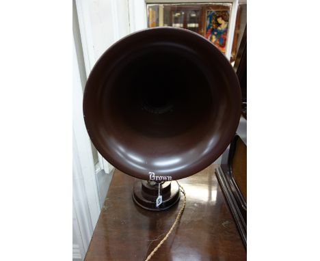 S G Brown Crystavox amplyfying speaker, horn shape, a circular base, silver transfered name on edge, 52cm.