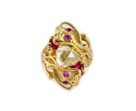 A rose-cut diamond and synthetic ruby ring modelled as two dragons, the rose-cut diamond measuring 8.7 x 7.0, the band carved