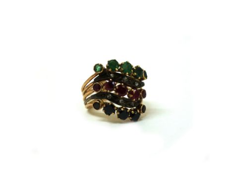 A Russian style sapphire ruby, emerald and diamond ring, formed of five articulated sections, obscured marked, 6.4g gross. 