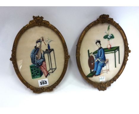 A pair of Chinese pith paper pictures, late 19th century, one depicting a seated lady before a table striking a gong, another