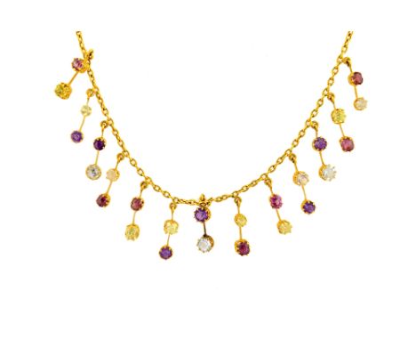 An early 20th century yellow gold and multi-gem set fringe necklace, the fire gold chain claw-set with amethyst, aquamarine, 