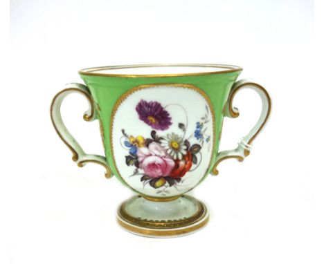 A Stevenson & Hancock Derby porcelain miniature two handled loving cup, painted with two floral bouquet reverse panels, the a