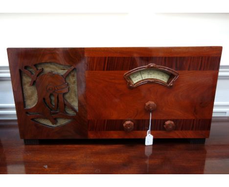 A Knight valve radio with pierced speaker grille and walnut banded rectangular case, 58cm.