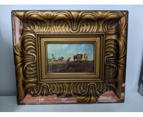Signed indistinctly - Ploughmen and horses ploughing a field in a rural landscape, oil painting on board, signed lower right 