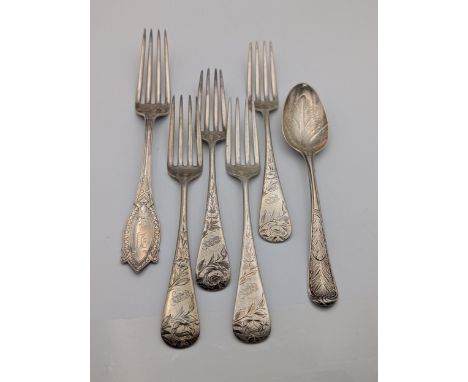 A set of four sterling silver M. A. Ruger and Co forks together with a larger fork and white metal spoon, weight 240.8gLocati