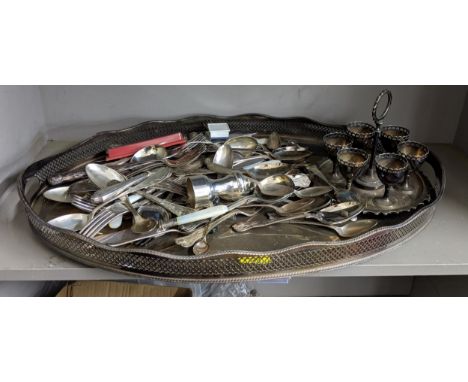 Silver plated and EPNS items to include mainly cutlery, knives with mother of pearl handles, an egg cruet set and other items
