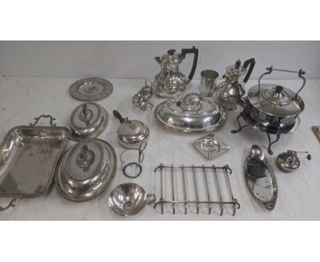 A collection of silver plated items to include a spirit kettle, stand and burner, a coffee pot, an ashtray and other itemsLoc