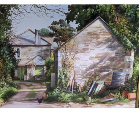 A group of framed and mainly glazed paintings to include an oil on board depicting a countryside house, signed M Childs, alon
