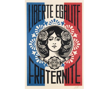 Shepard Fairey (American 1970-), 'Liberte, Egalite, Fraternite', 2018, offset lithograph in colours on cream Speckle Tone pap
