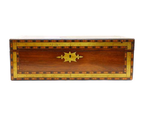 Three 19th century walnut writing slopes, the first with inlaid brass and lined banding 50cm wide, 26cm deep, 17cm high, the 
