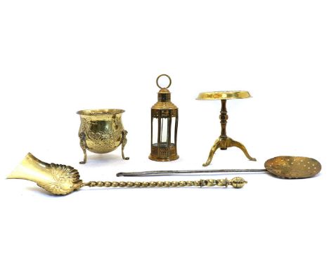Brassware, including oval gilt jardiniere, Dutch style hanging four branch electrolier, skimmer, set of three fire tools, tri