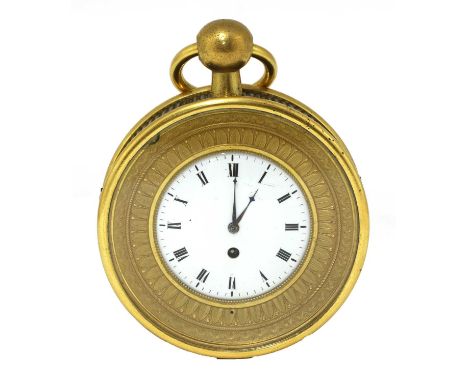 A small French ormolu sedan clock, 19th century, the white dial with Roman numerals, within a stiff leaf surround, the case w