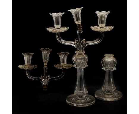 A pair of Regency period cut glass table candelabra, each with three scones and lustre drops. 44cm tall.Condition report: Ele