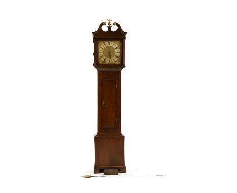 An oak longcase clock by R. Norman, Poole, 18th century, with 30 hour striking movement to a 12in brass dial and single hand,