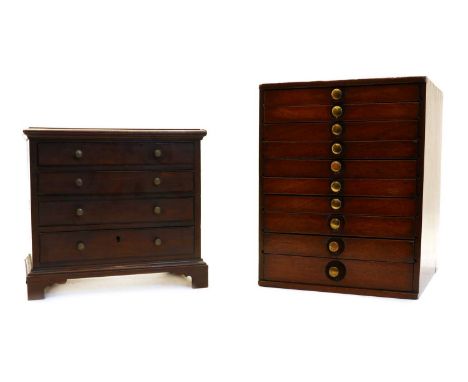 A mahogany table top collector's cabinet of 10 drawers, 28cm wide, 31cm deep, 35cm high and a small yew wood chest of four dr