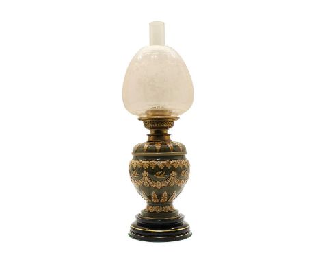 A Victorian Doulton Lambeth glazed stoneware oil lamp, late 19th century, of baluster form, the body moulded with swallows in
