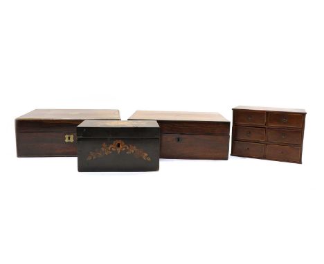 Three various 19th century and later wood boxes, and a chest, comprising a caddy with inlaid marquetry, a writing slop, a min