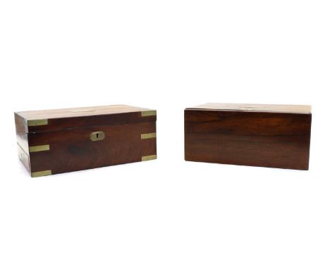 Three 19th century writing slopes, the first brass bound mahogany with base drawer, 36cm wide, 24cm deep, 14.5cm high, the se