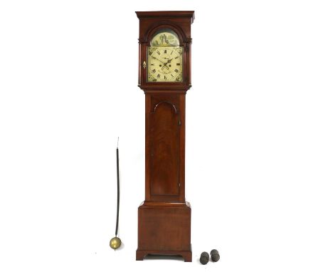 A mahogany long case clock, 19th century, the arching painted dial with Roman numerals, date apertures, and subsidiary second