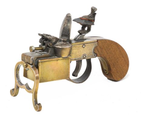 A Dunhill patent brass framed flintlock 'Tinder pistol' lighter, 14cm overallCondition report: Some loss of finish to the ham