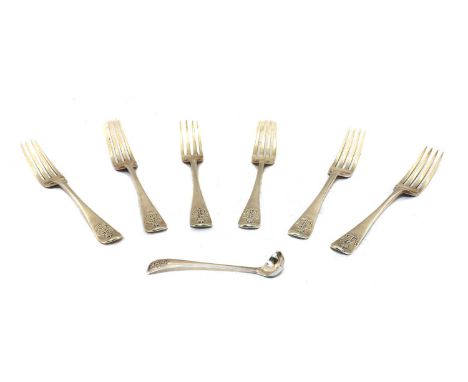Six Victorian naval silver dinner forks and a small ladle, three by John Hunt and Robert Roskell, London 1866, two by GA, Lon