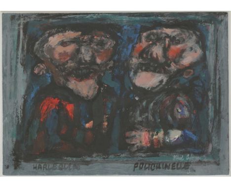 Alfred Cohen (American, 1920-2001),'Polichinelle and Harlequin'signed l.r., inscribed on backboard verso, oil on paper21.5 x 