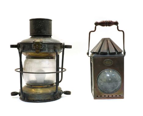 Two early 20th century ship's lamps, the first copper, with turned wood handle, labelled 'Steam Drifter's Stores, Lowestoft 1