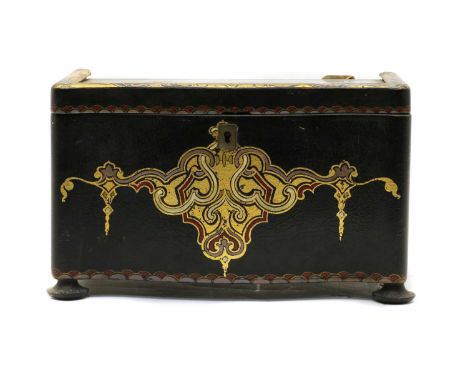 A Victorian papier-mâché tea caddy, with painted gilt decoration, internally with two compartments with mother of pearl handl