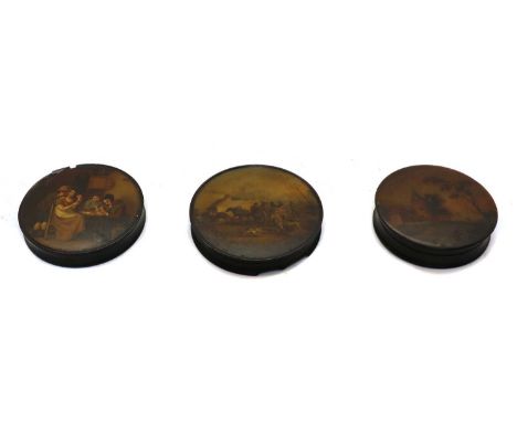 Three 'Stobwasser' type circular lacquer boxes, each with painted lid, the first titled inside 'Das Familien Kartenspiel nach