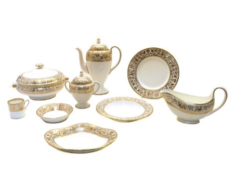 A comprehensive Wedgwood 'Gold Florentine' dinner, tea and coffee service, twelve place setting, twelve dinner plates, 28cm d